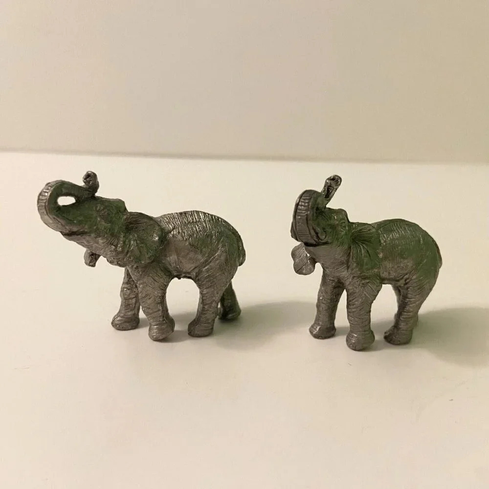 Vintage Lot of 2 Mini Pewter Elephant Figurines 2 Inch Size Trunk Up Figures